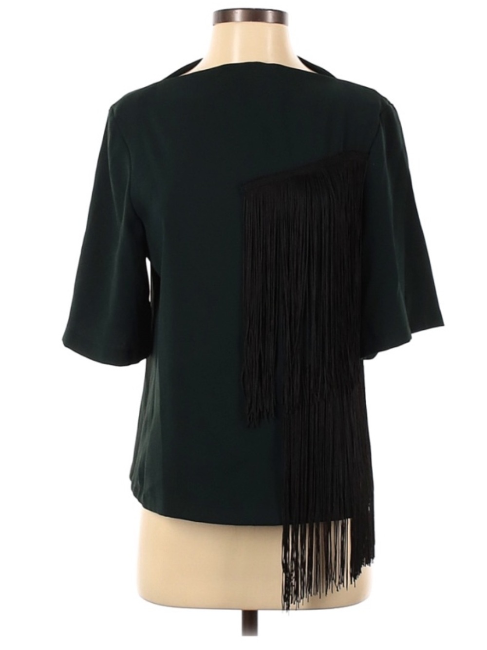 Zara Forest Green Short-Sleeve Top with Long Fringe Detail